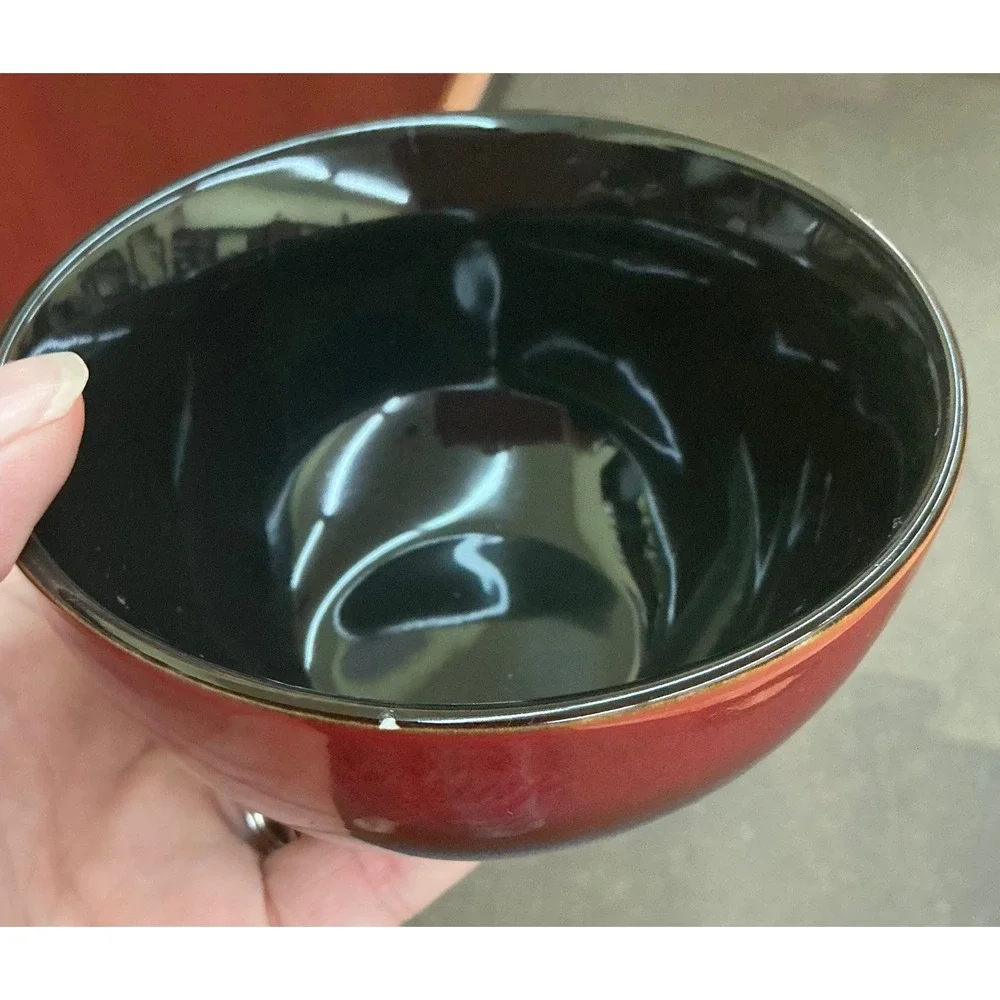 Pfaltzgraff Aria Red Stoneware 3 Piece Set 1 Bowl 2 Saucers Reactive Glaze Black